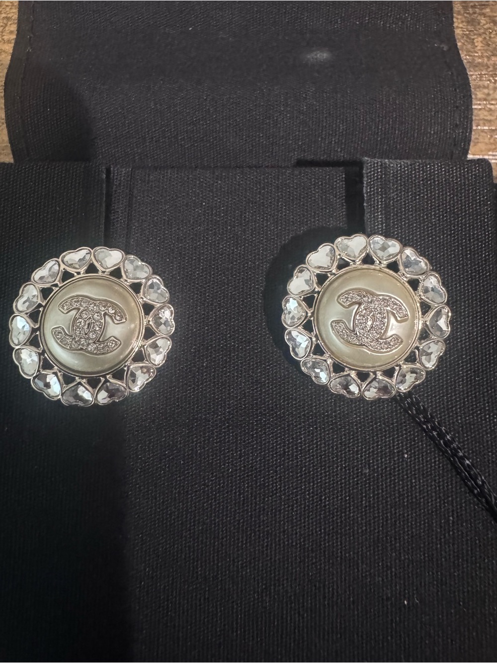 CHANEL Silver-Tone Logo Crystal Heart Stud Earrings